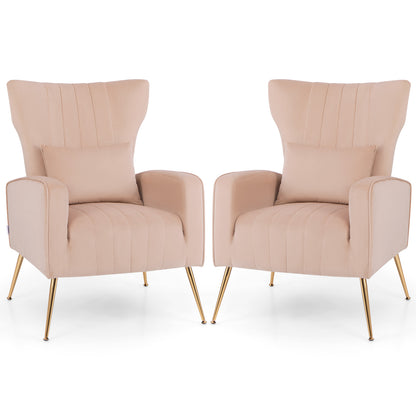 Velvet Upholstered Wingback Chair with Lumbar Pillow and Golden Metal Legs-Pink