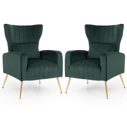Velvet Upholstered Wingback Chair with Lumbar Pillow and Golden Metal Legs-Turquoise