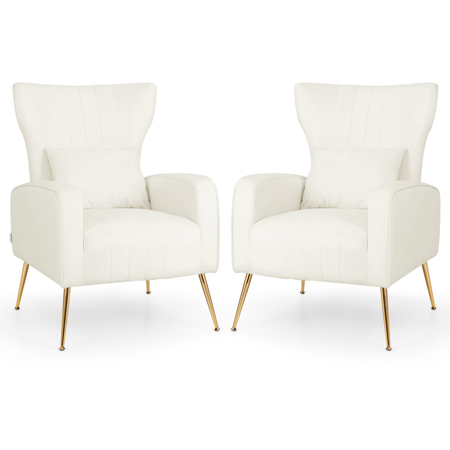 Velvet Upholstered Wingback Chair with Lumbar Pillow and Golden Metal Legs-White