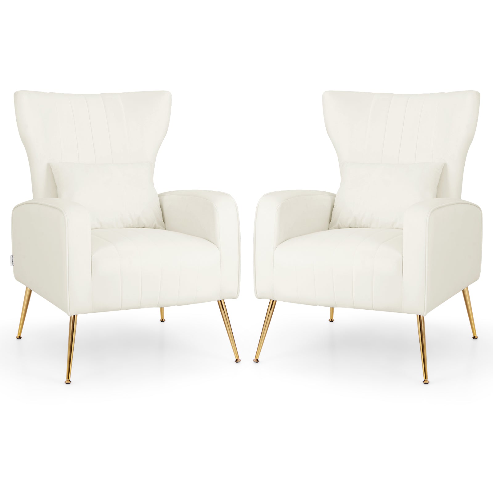 Velvet Upholstered Wingback Chair with Lumbar Pillow and Golden Metal Legs-White