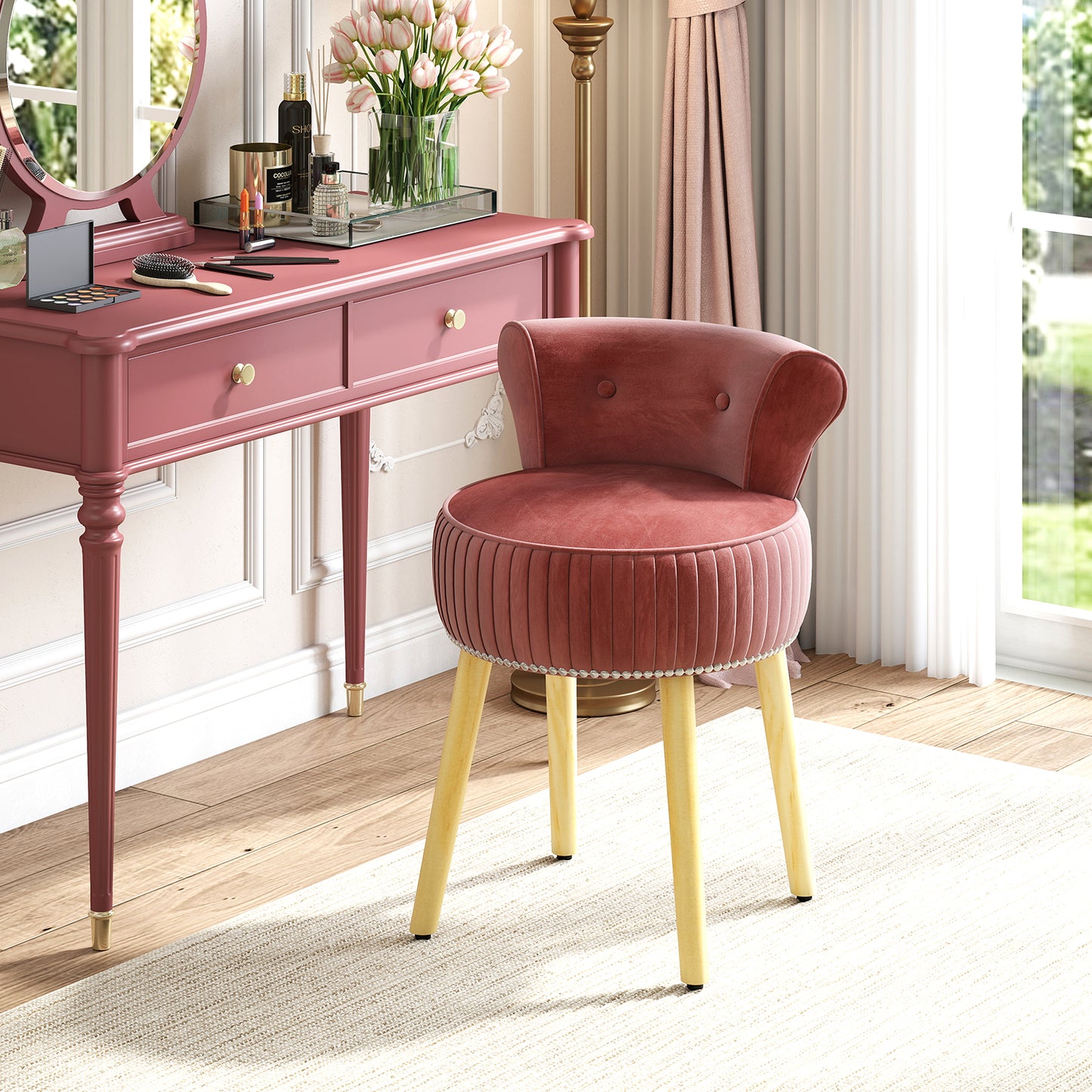 Velvet Vanity Chair with Back Upholstered Vanity Stool with Tufted Low Back and Solid Wood Legs-Pink