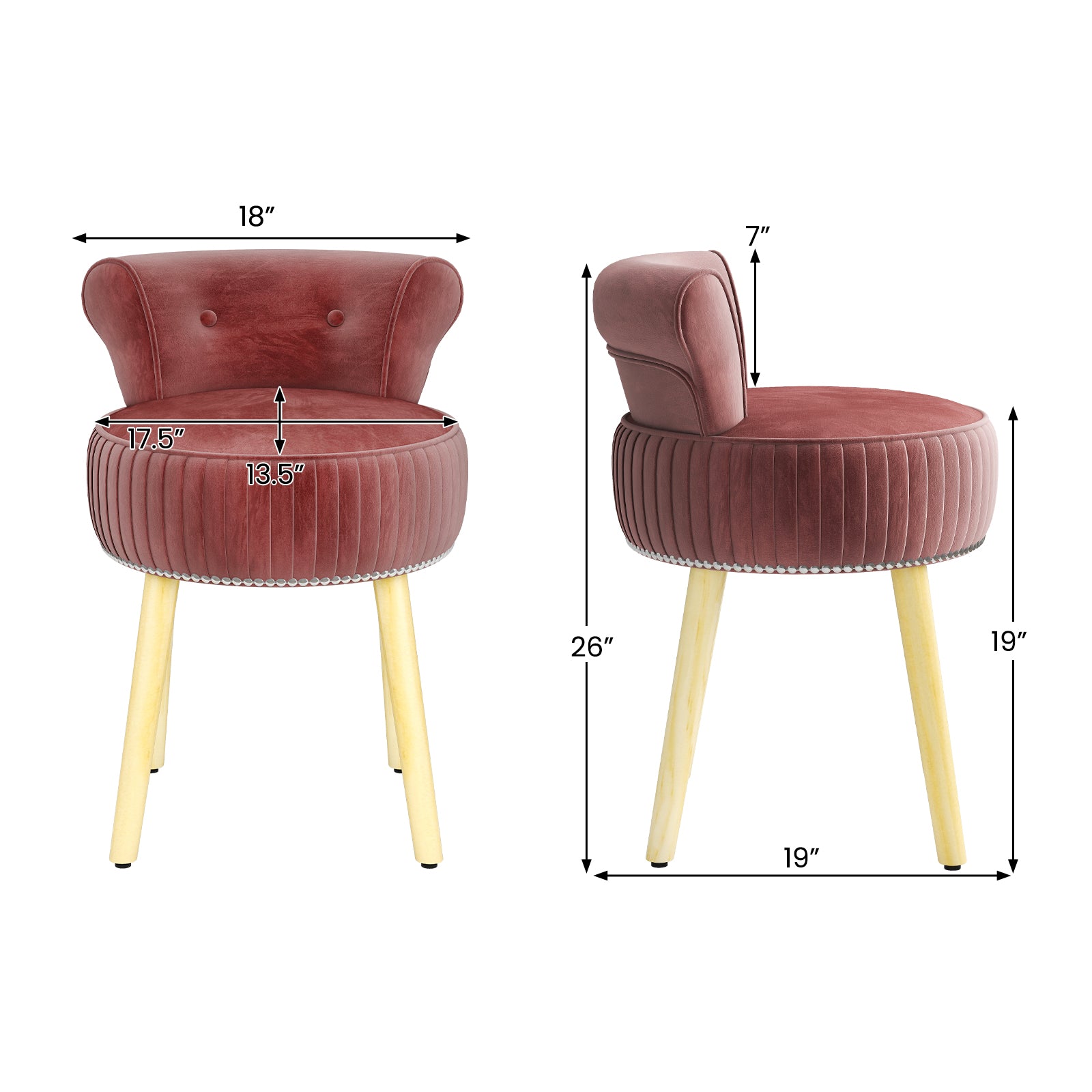 Velvet Vanity Chair with Back Upholstered Vanity Stool with Tufted Low Back and Solid Wood Legs-Pink