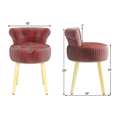 Velvet Vanity Chair with Back Upholstered Vanity Stool with Tufted Low Back and Solid Wood Legs-Pink
