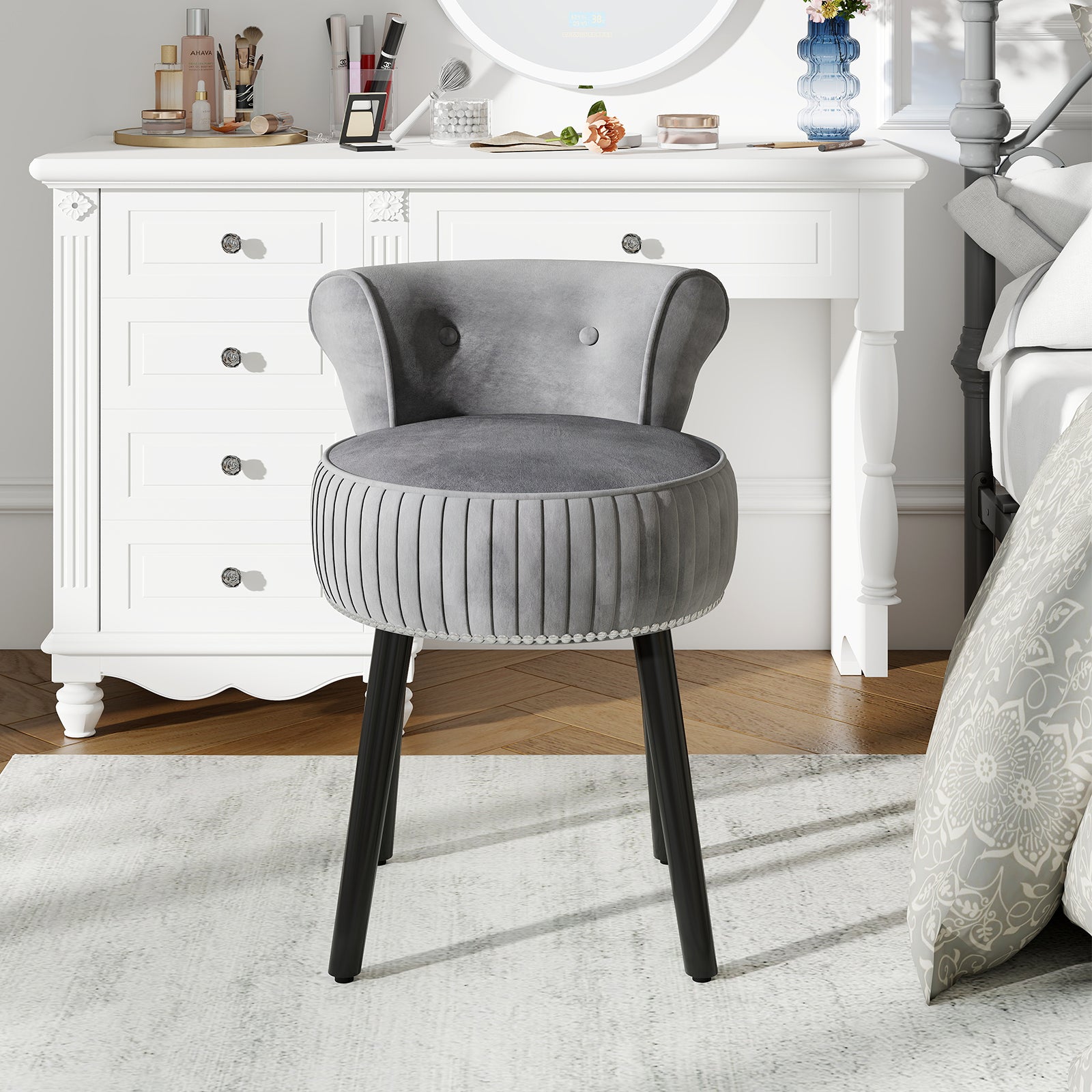 Velvet Vanity Chair with Back Upholstered Vanity Stool with Tufted Low Back and Solid Wood Legs-Gray