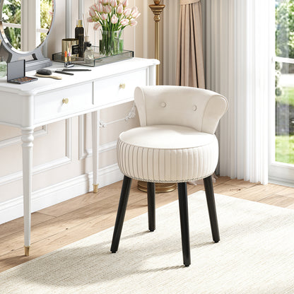 Velvet Vanity Chair with Back Upholstered Vanity Stool with Tufted Low Back and Solid Wood Legs-White