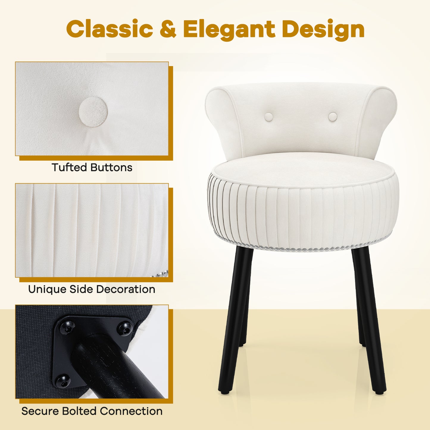 Velvet Vanity Chair with Back Upholstered Vanity Stool with Tufted Low Back and Solid Wood Legs-White