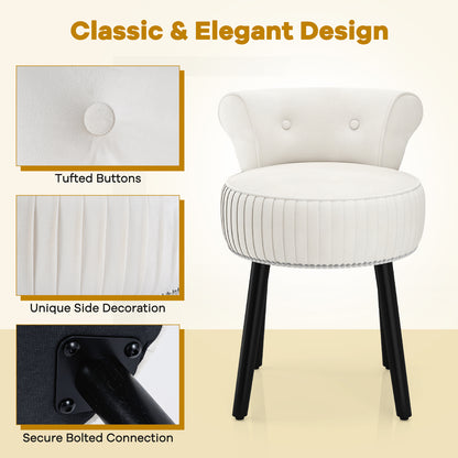 Velvet Vanity Chair with Back Upholstered Vanity Stool with Tufted Low Back and Solid Wood Legs-White