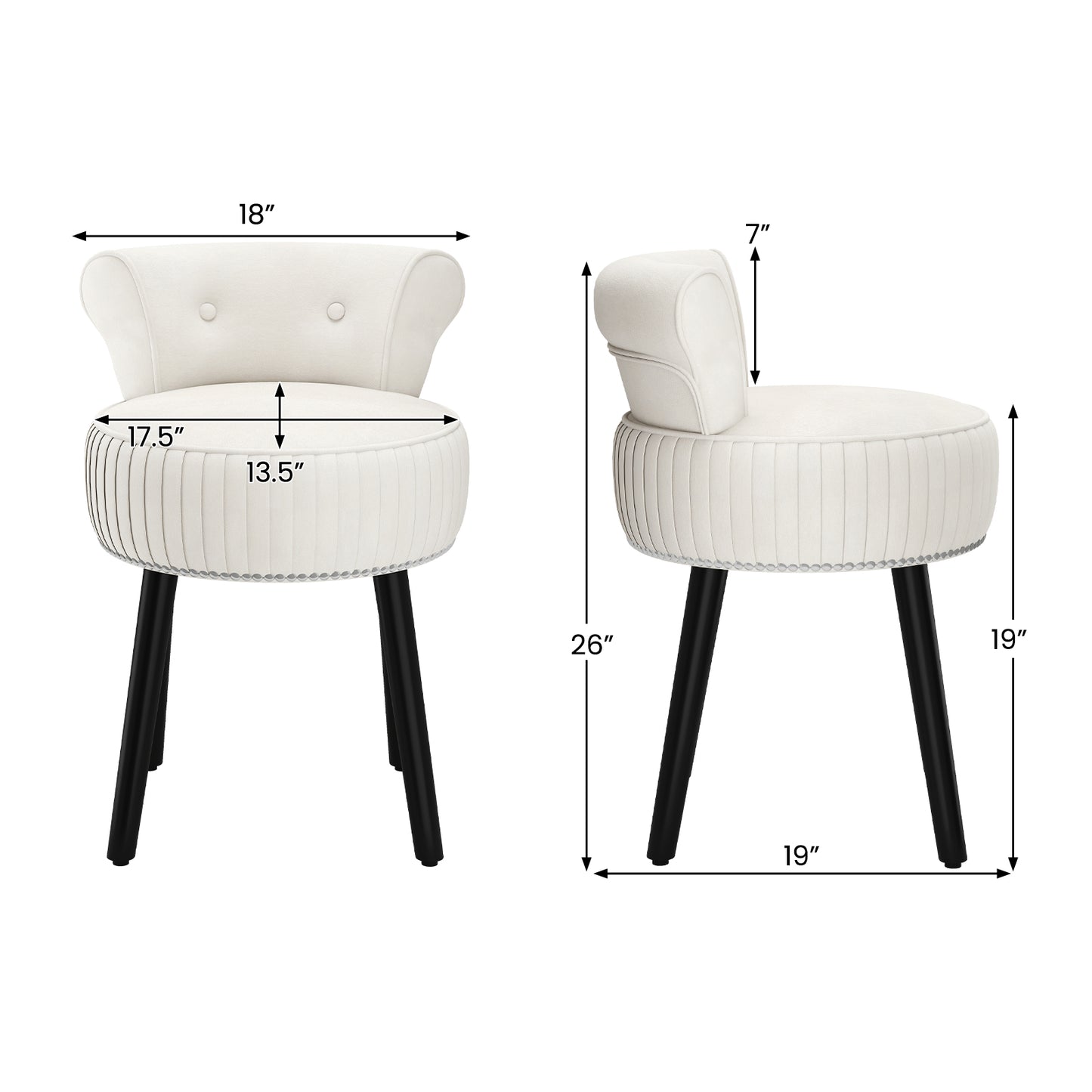 Velvet Vanity Chair with Back Upholstered Vanity Stool with Tufted Low Back and Solid Wood Legs-White
