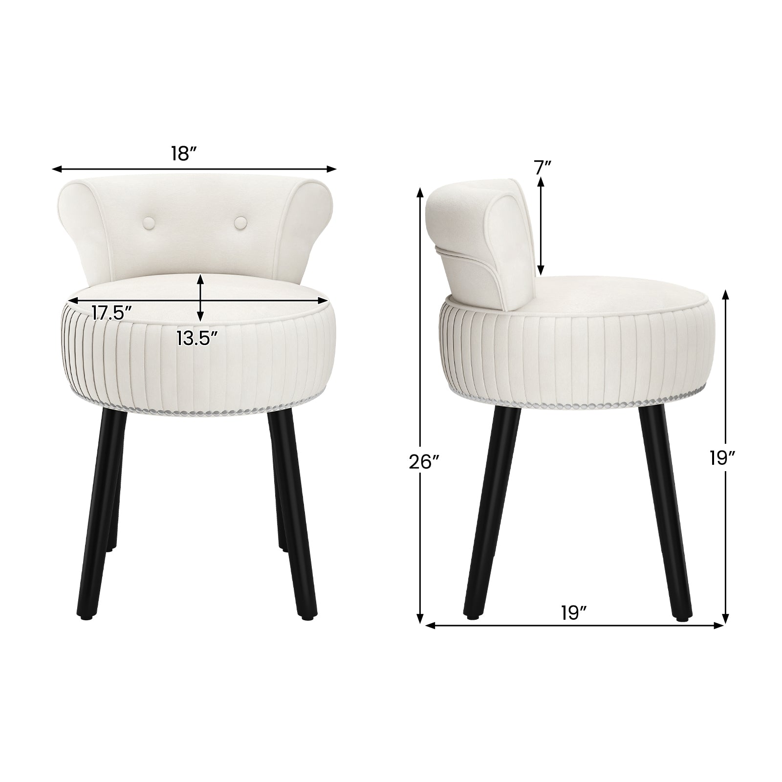 Velvet Vanity Chair with Back Upholstered Vanity Stool with Tufted Low Back and Solid Wood Legs-White