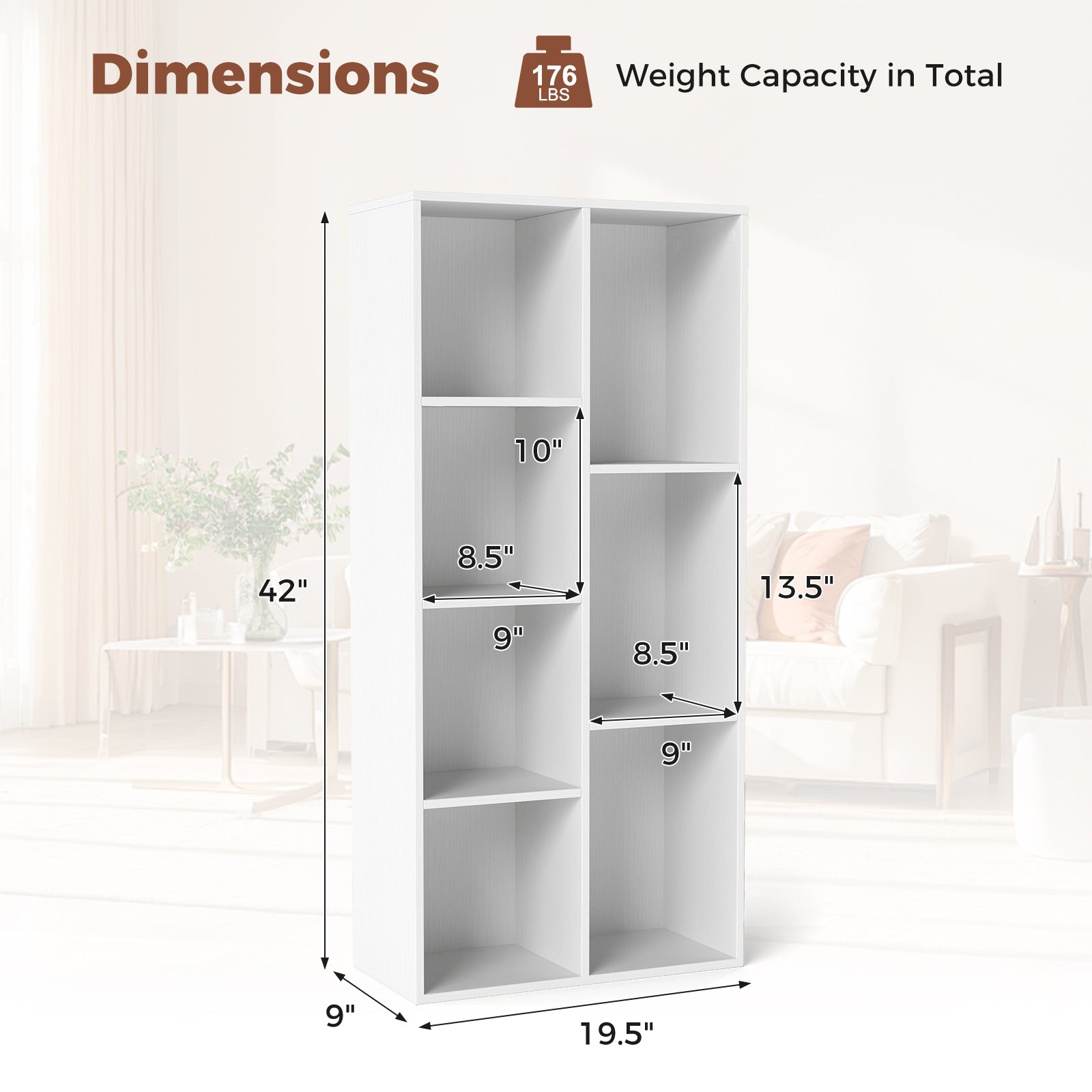 Vertical or Horizontal Freestanding Bookshelf with 7 Compartments-White
