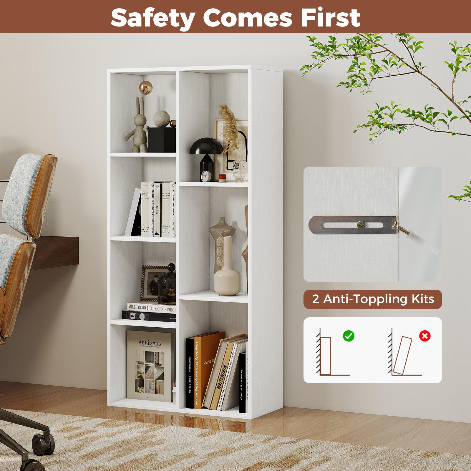 Vertical or Horizontal Freestanding Bookshelf with 7 Compartments-White