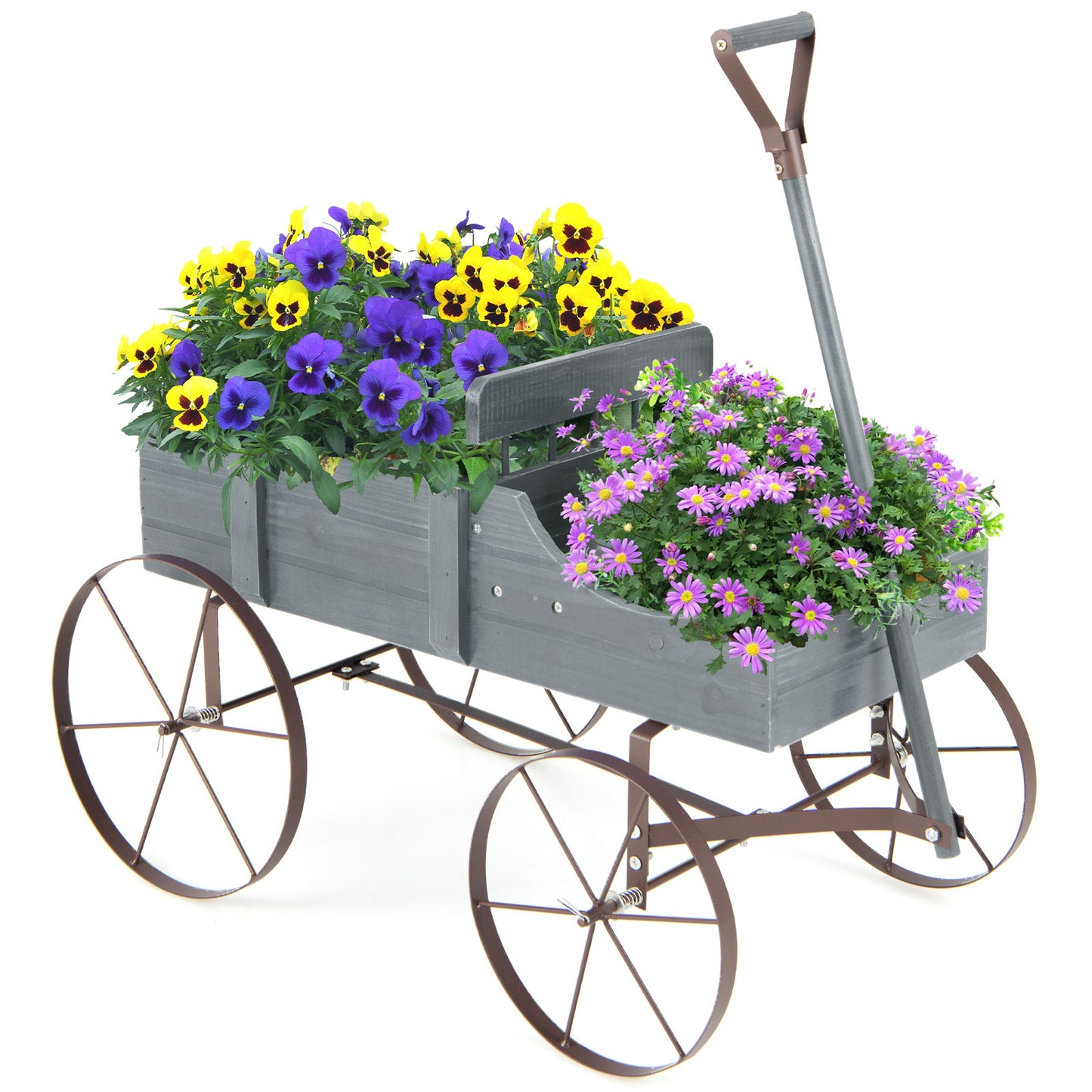 Wooden Wagon Plant Bed With Wheel for Garden Yard-Brown - Gray