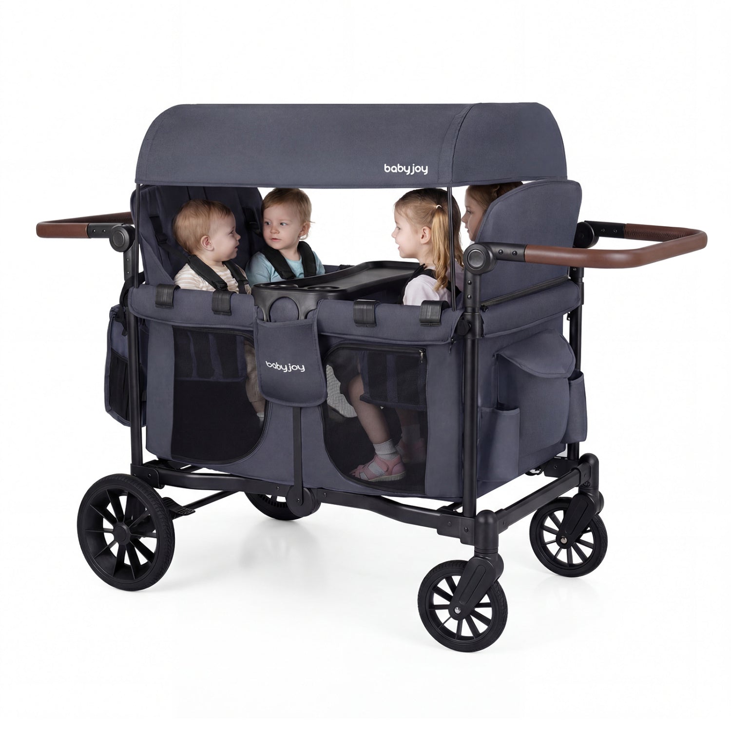 Wagon Stroller for 4 Kids Foldable 4-Seater Push-Pull Toddler Stroller-Gray