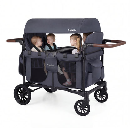 Wagon Stroller for 4 Kids Foldable 4-Seater Push-Pull Toddler Stroller-Gray