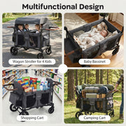 Wagon Stroller for 4 Kids Foldable 4-Seater Push-Pull Toddler Stroller