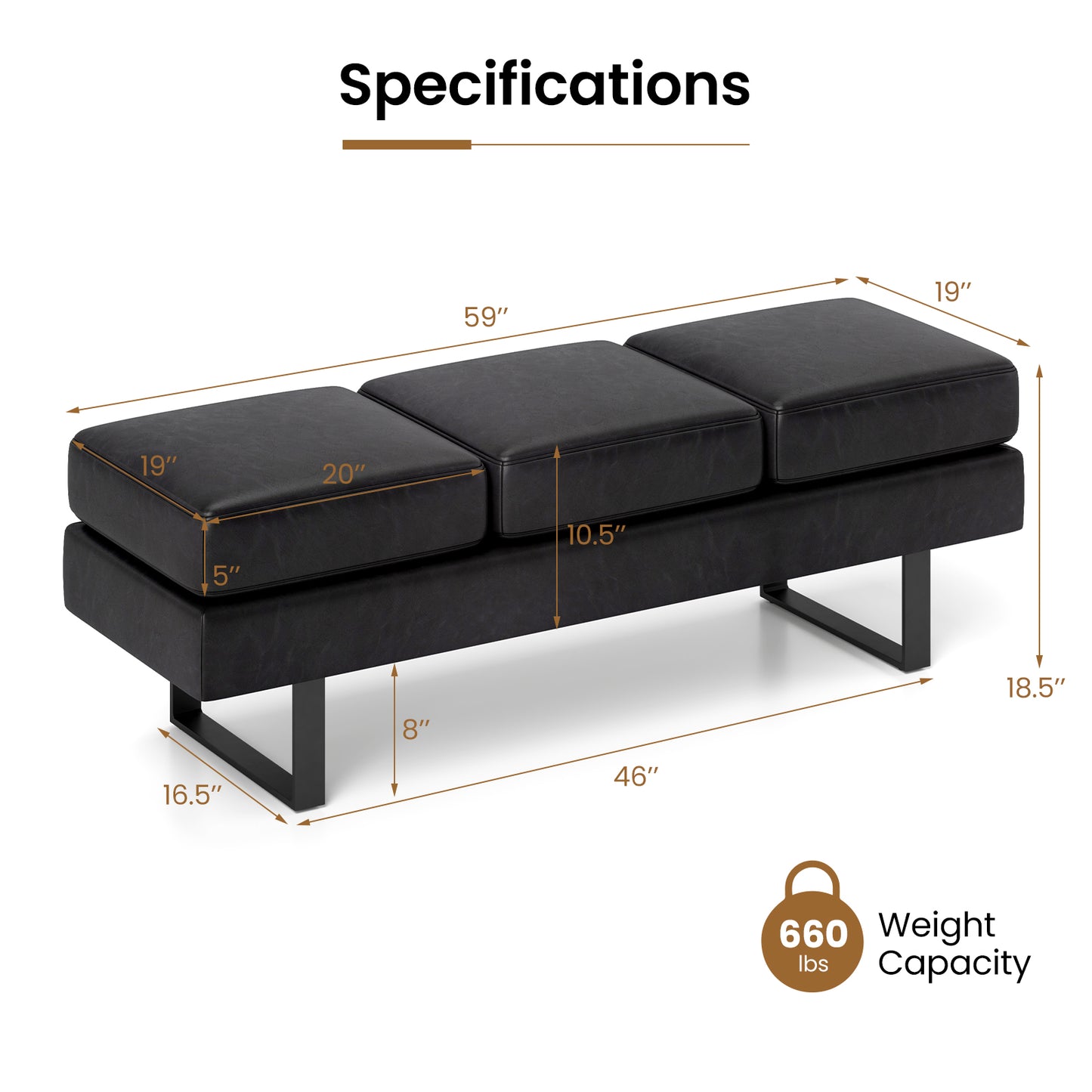 Waiting Room Bench Seating Long Bench with Metal Frame Leg-Black