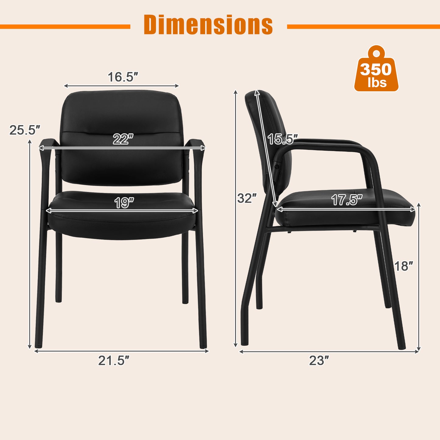 Waiting Room Guest Chair Set of 2 with Mixed PU Leather and Integrated Armrests-Black
