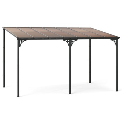 Wall-Mounted Patio Gazebo Large Outdoor Hardtop Pergola with Sloped Polycarbonate Roof-Black