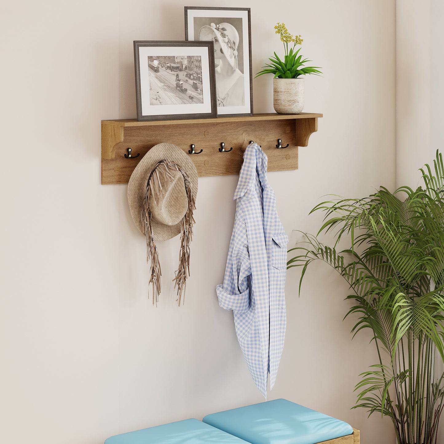 Wall Hooks with Shelf 31.5inch Wooden Coat Rack with 6 Hooks for Hats Towels Purses Robes-Natural