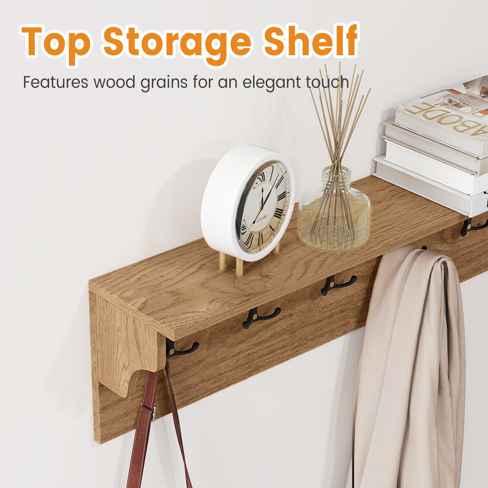 Wall Hooks with Shelf 31.5inch Wooden Coat Rack with 6 Hooks for Hats Towels Purses Robes-Natural