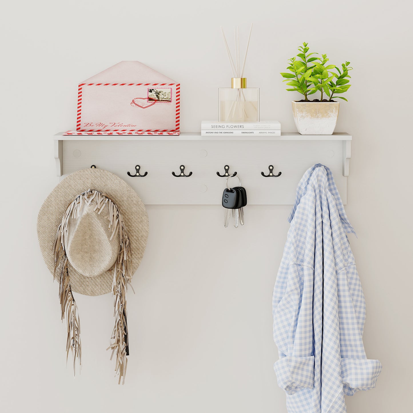 Wall Hooks with Shelf 31.5inch Wooden Coat Rack with 6 Hooks for Hats Towels Purses Robes-White