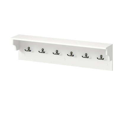 Wall Hooks with Shelf 31.5inch Wooden Coat Rack with 6 Hooks for Hats Towels Purses Robes-White