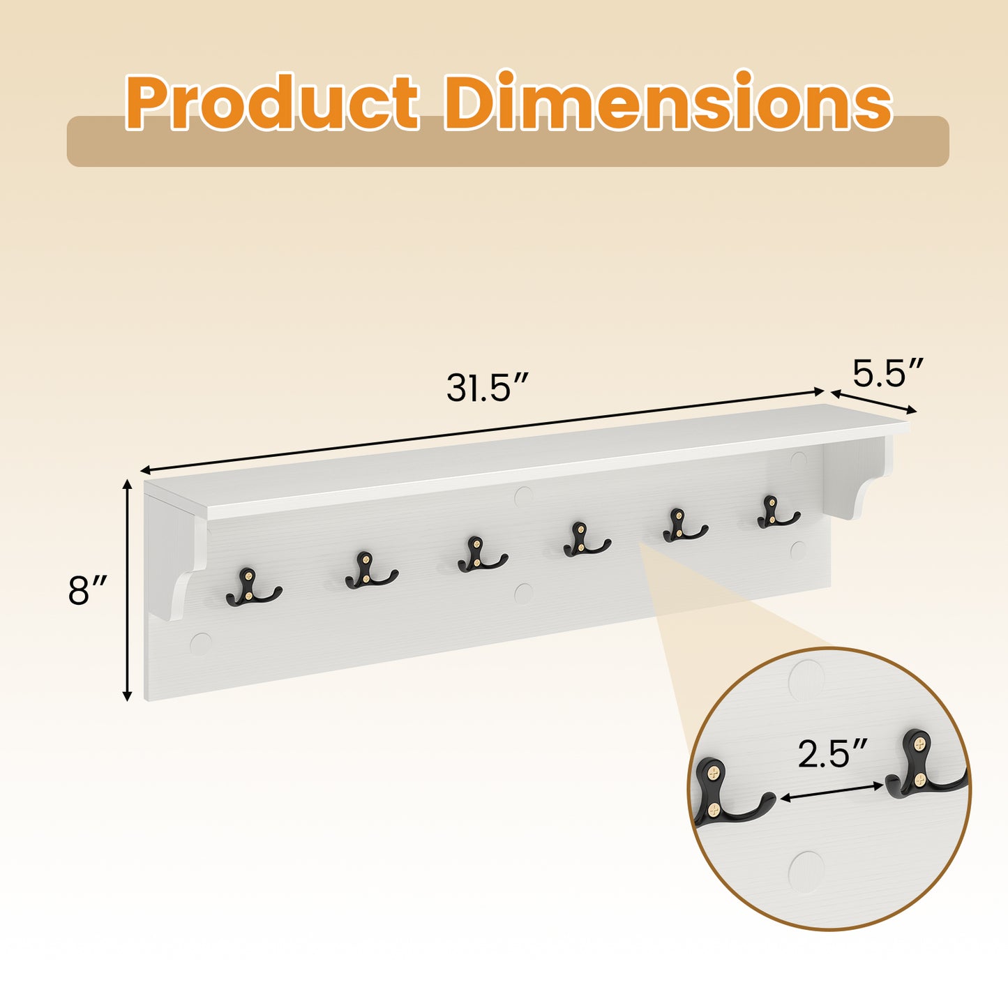 Wall Hooks with Shelf 31.5inch Wooden Coat Rack with 6 Hooks for Hats Towels Purses Robes-White