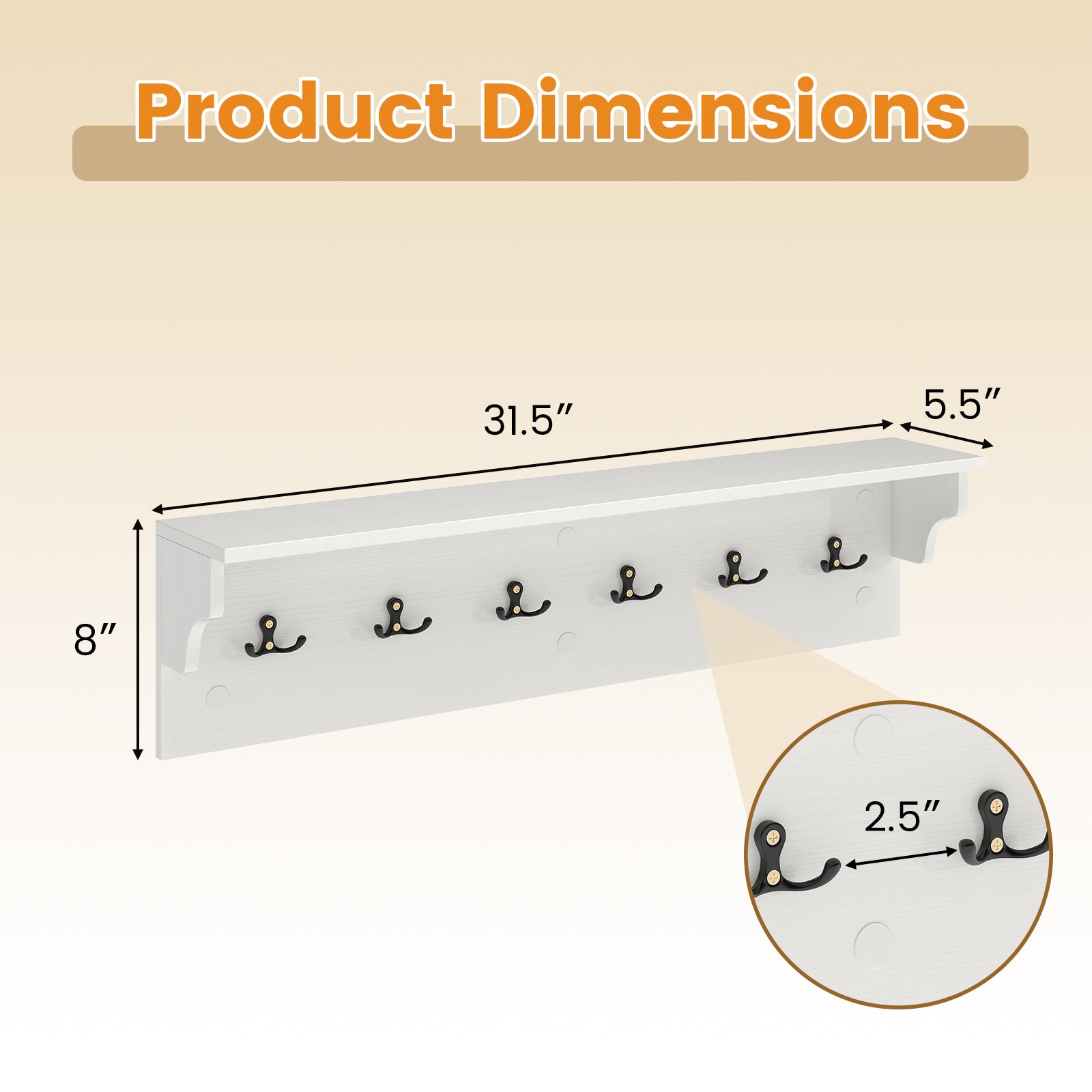 Wall Hooks with Shelf 31.5inch Wooden Coat Rack with 6 Hooks for Hats Towels Purses Robes-White