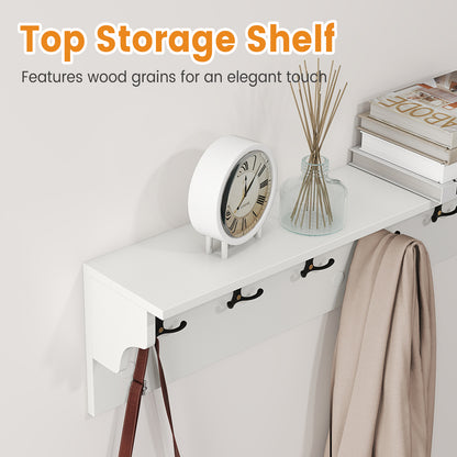 Wall Hooks with Shelf 31.5inch Wooden Coat Rack with 6 Hooks for Hats Towels Purses Robes-White