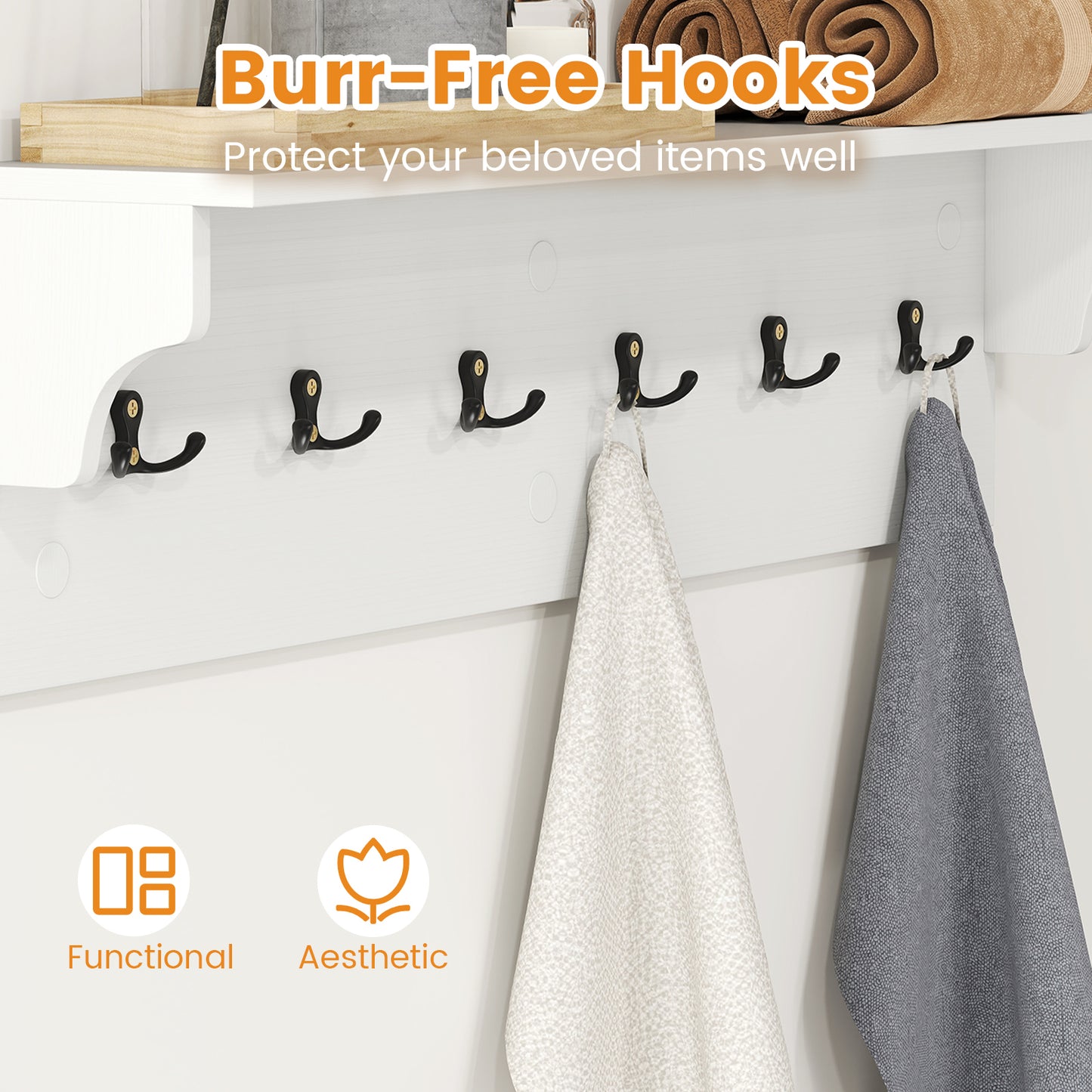 Wall Hooks with Shelf 31.5inch Wooden Coat Rack with 6 Hooks for Hats Towels Purses Robes-White