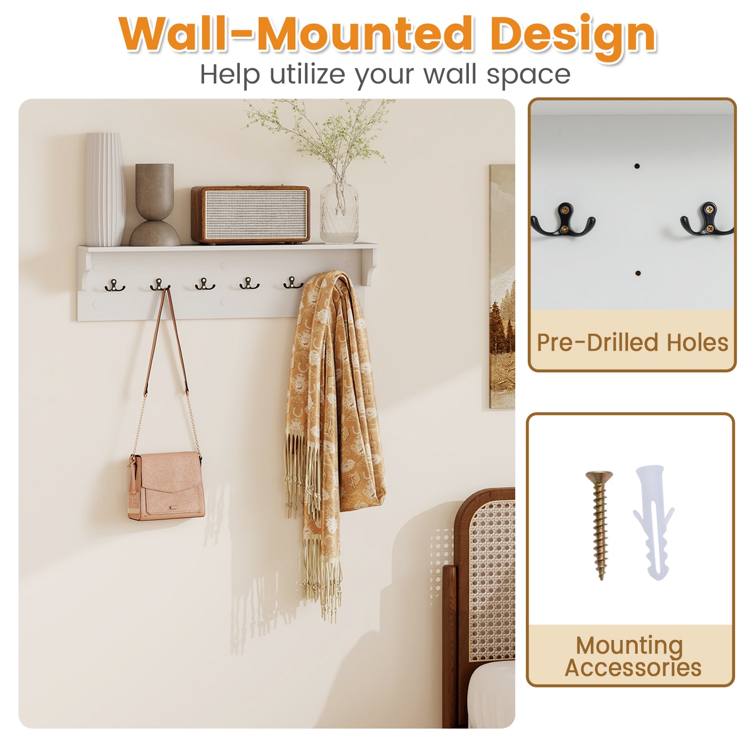 Wall Hooks with Shelf 31.5inch Wooden Coat Rack with 6 Hooks for Hats Towels Purses Robes-White