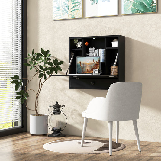Wall-Mount Folding Desk with Storage Shelves and Drawer