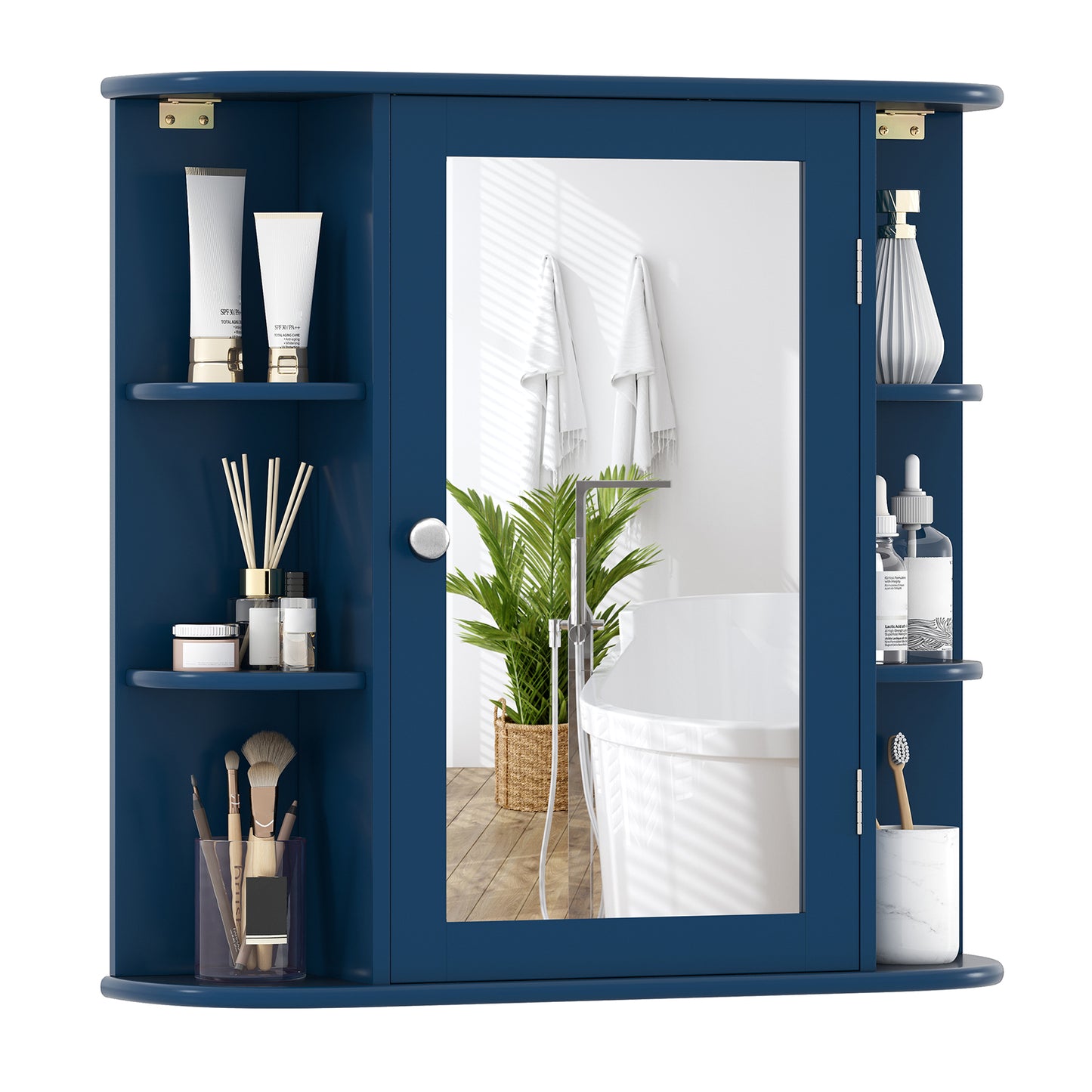 Wall-Mounted Bathroom Mirror Cabinet with Storage Shelves-Brown - Blue