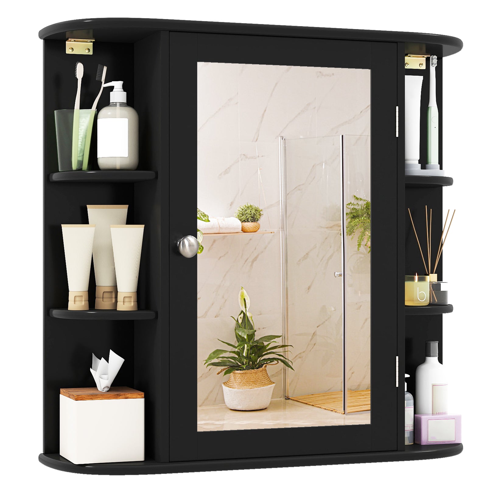 Wall-Mounted Bathroom Mirror Cabinet with Storage Shelves-Brown - Black