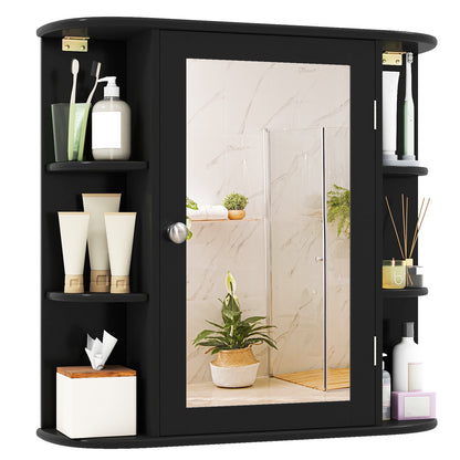 Wall-Mounted Bathroom Mirror Cabinet with Storage Shelves-Brown - Black