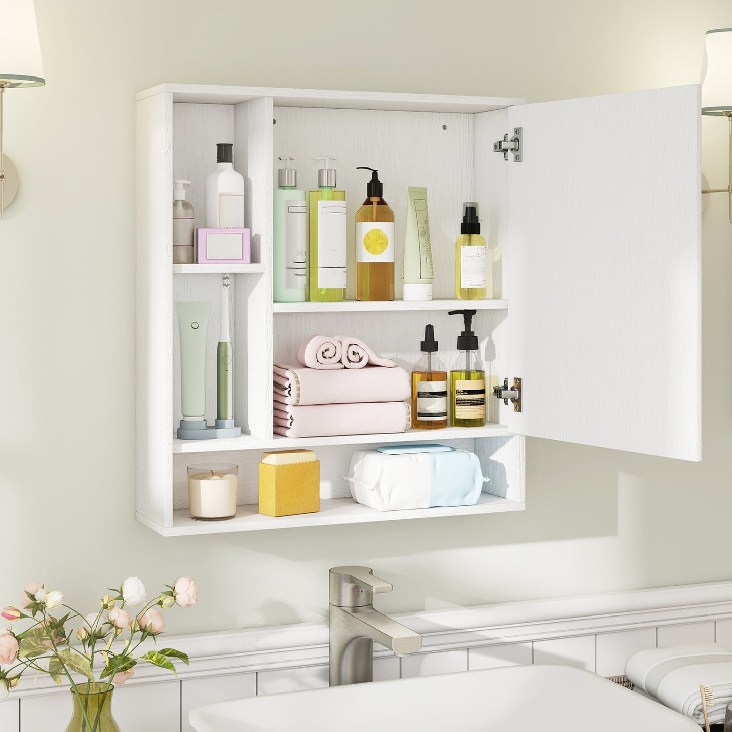 Wall Mounted Bathroom Cabinet with Mirror Single Door-White
