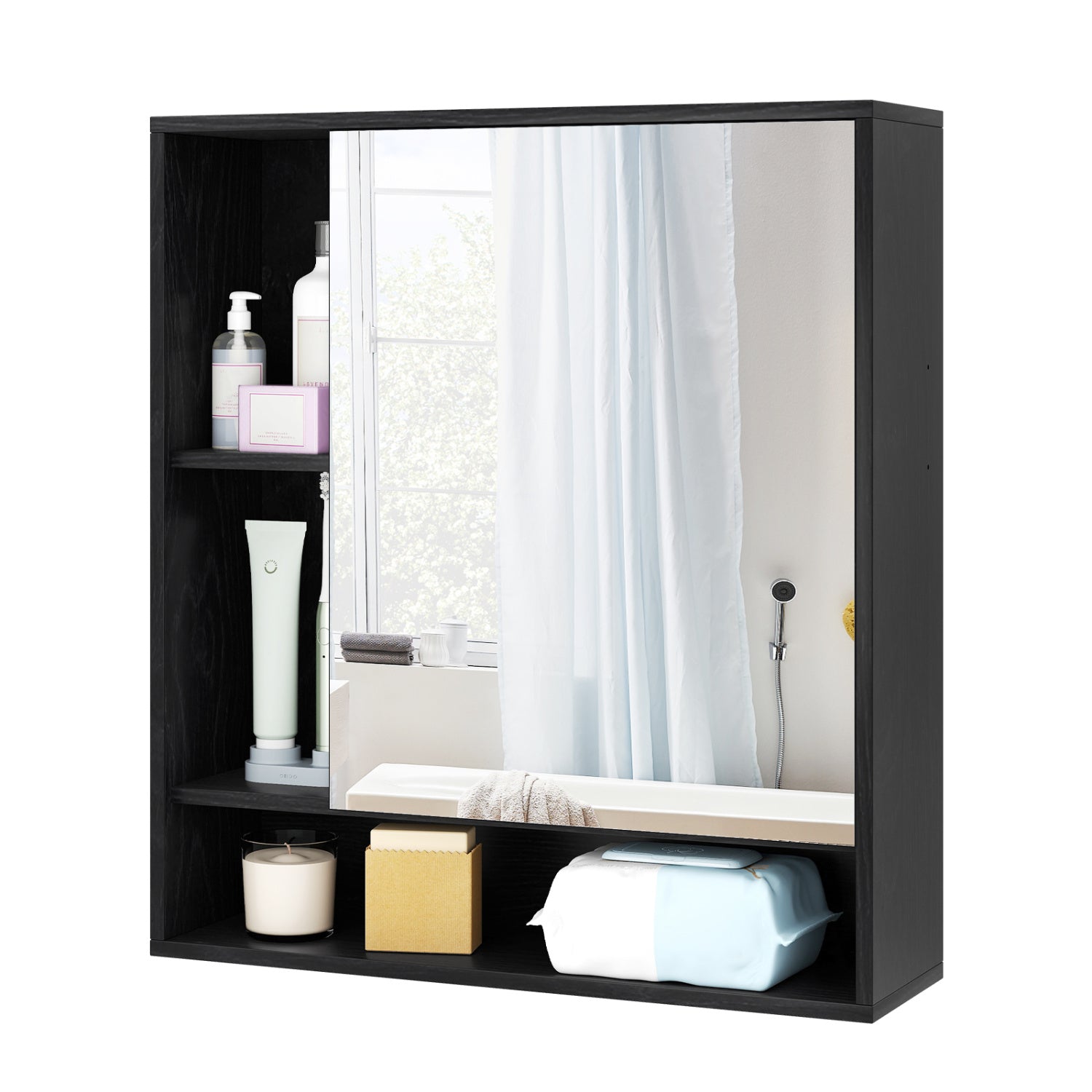 Wall Mounted Bathroom Cabinet with Mirror Single Door-Black