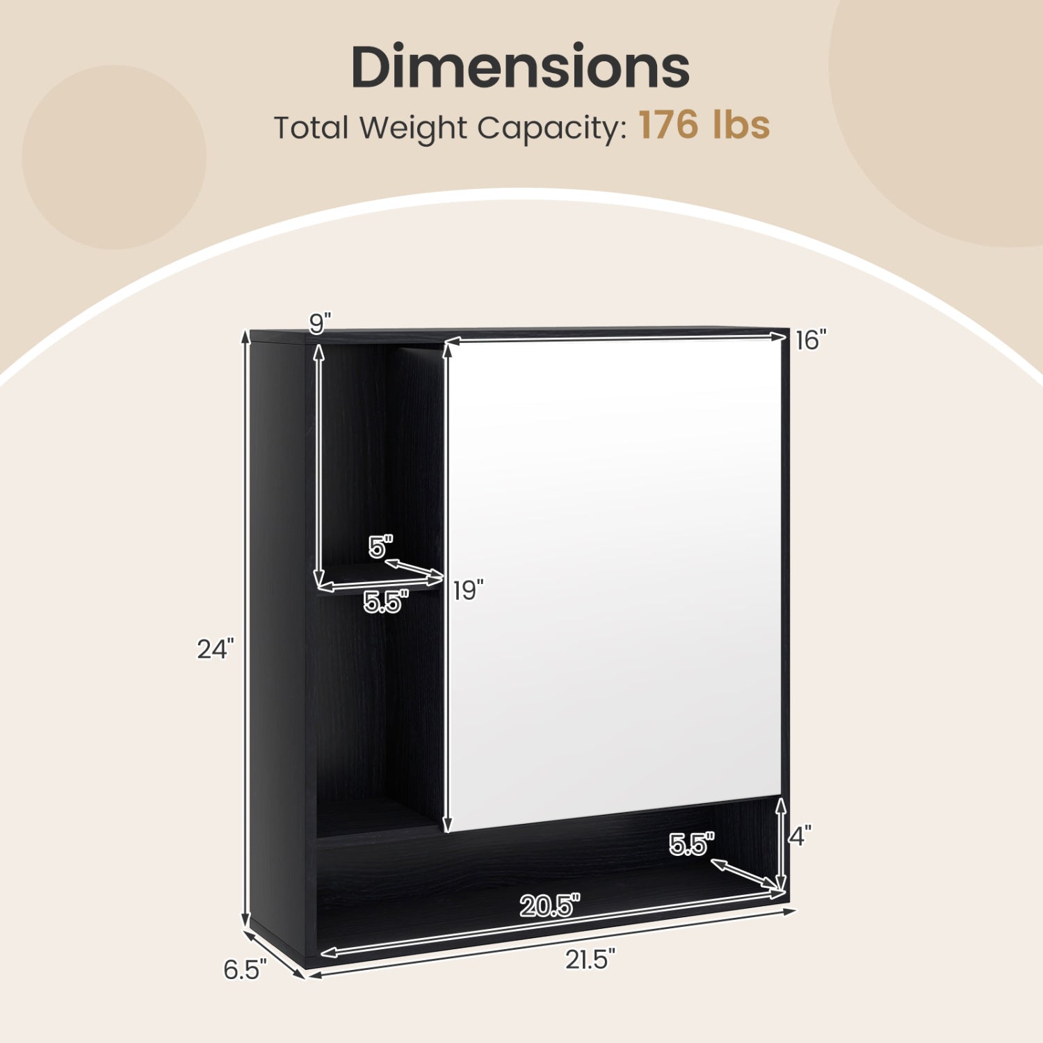 Wall Mounted Bathroom Cabinet with Mirror Single Door-Black