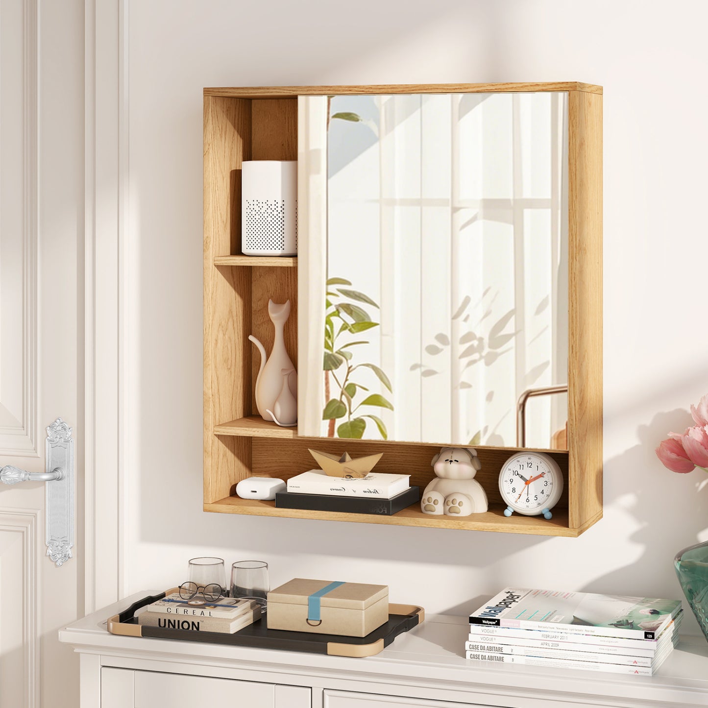 Wall Mounted Bathroom Cabinet with Mirror Single Door-Natural