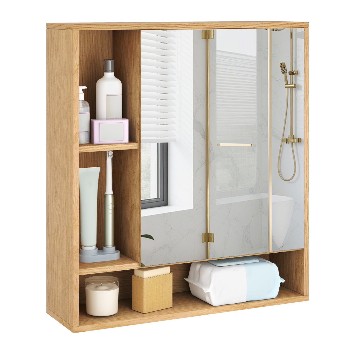 Wall Mounted Bathroom Cabinet with Mirror Single Door-Natural