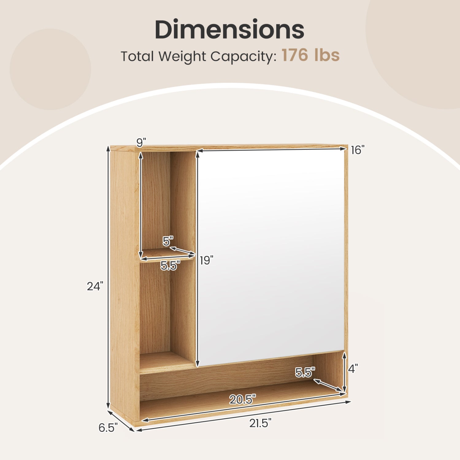 Wall Mounted Bathroom Cabinet with Mirror Single Door-Natural