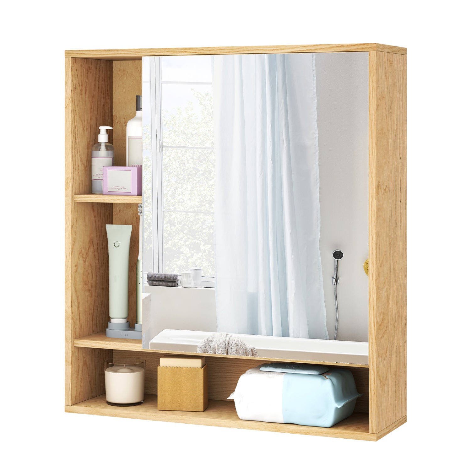 Wall Mounted Bathroom Cabinet with Mirror Single Door-Natural