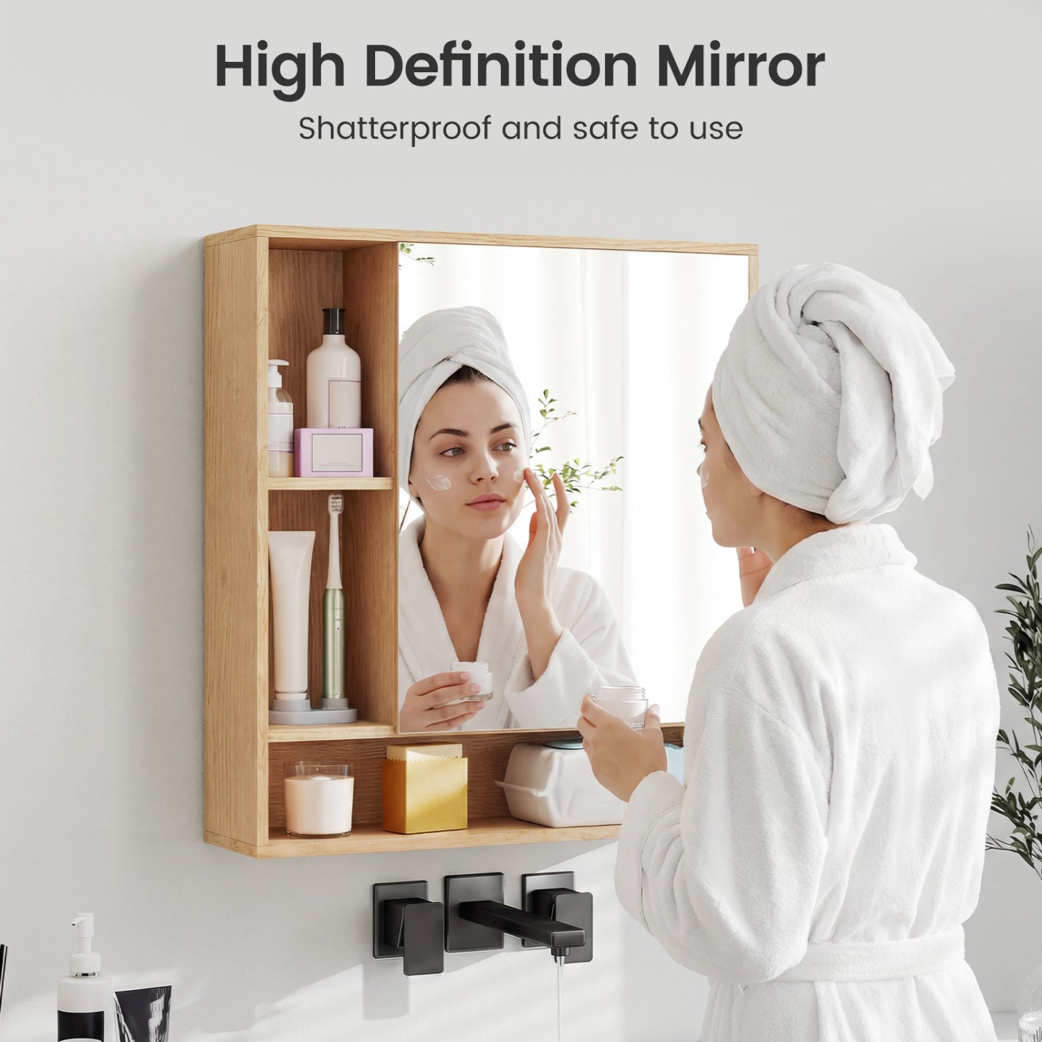 Wall Mounted Bathroom Cabinet with Mirror Single Door-Natural