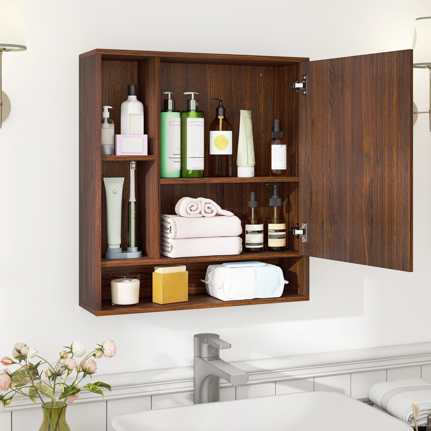 Wall Mounted Bathroom Cabinet with Mirror Single Door-Walnut