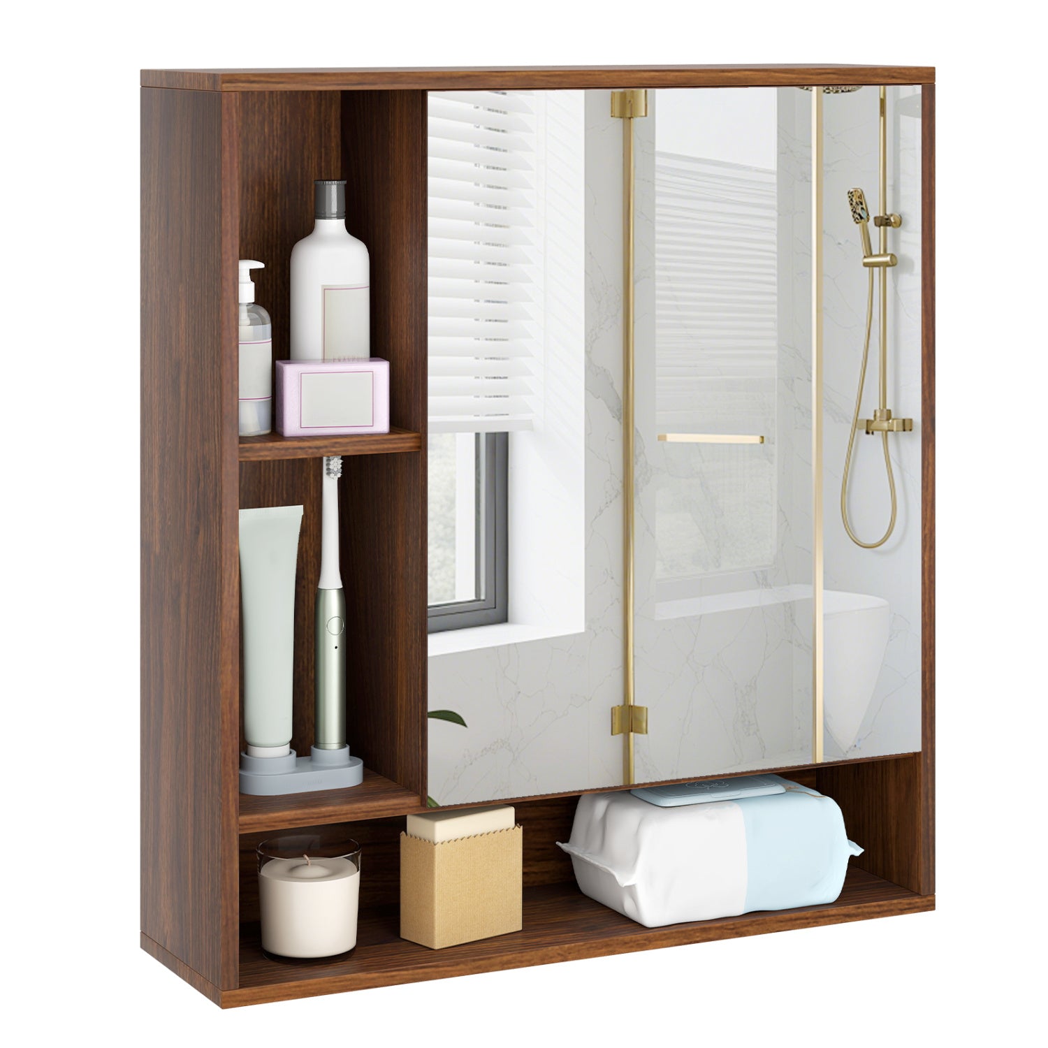 Wall Mounted Bathroom Cabinet with Mirror Single Door-Walnut