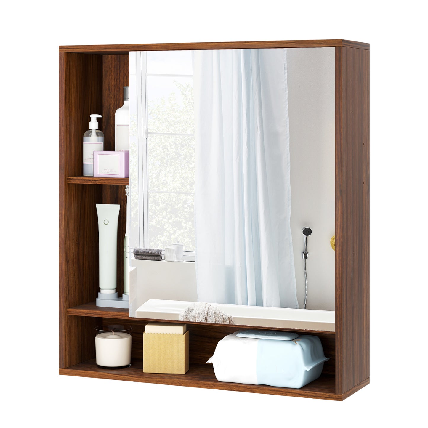 Wall Mounted Bathroom Cabinet with Mirror Single Door-Walnut