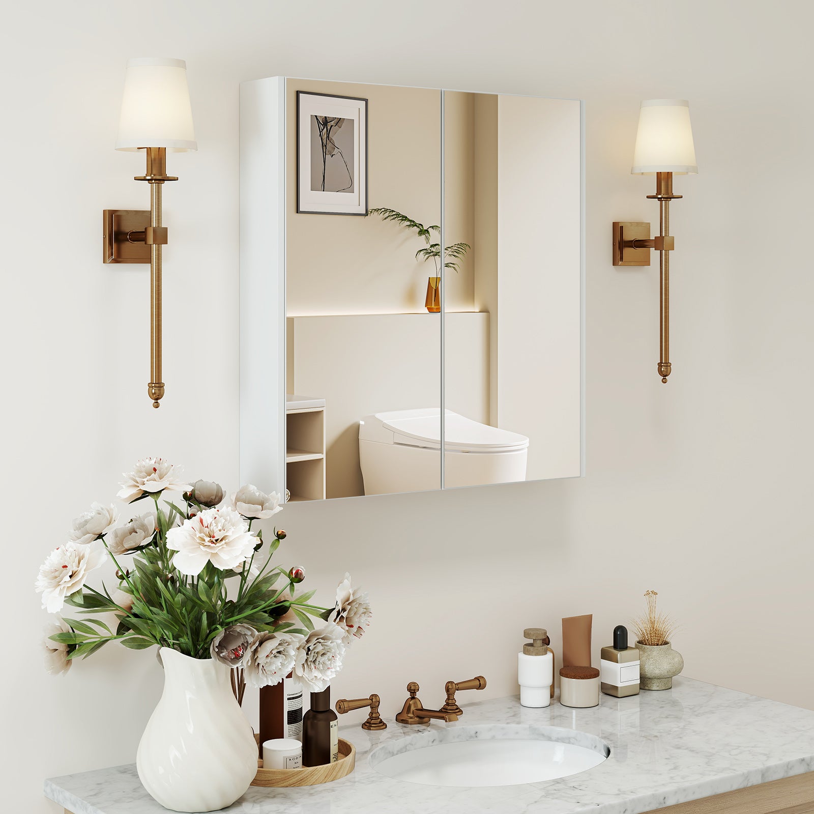 Double Door Bathroom Wall Cabinet with Mirror and Adjustable Shelf