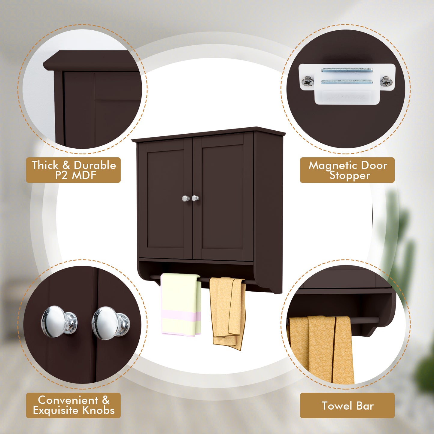 Wall Mounted Bathroom Storage Medicine Cabinet with Towel Bar-Brown