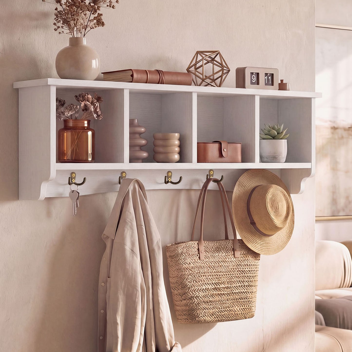 Wall-Mounted Coat Rack with 4 Cubbies and 5 Double Hooks