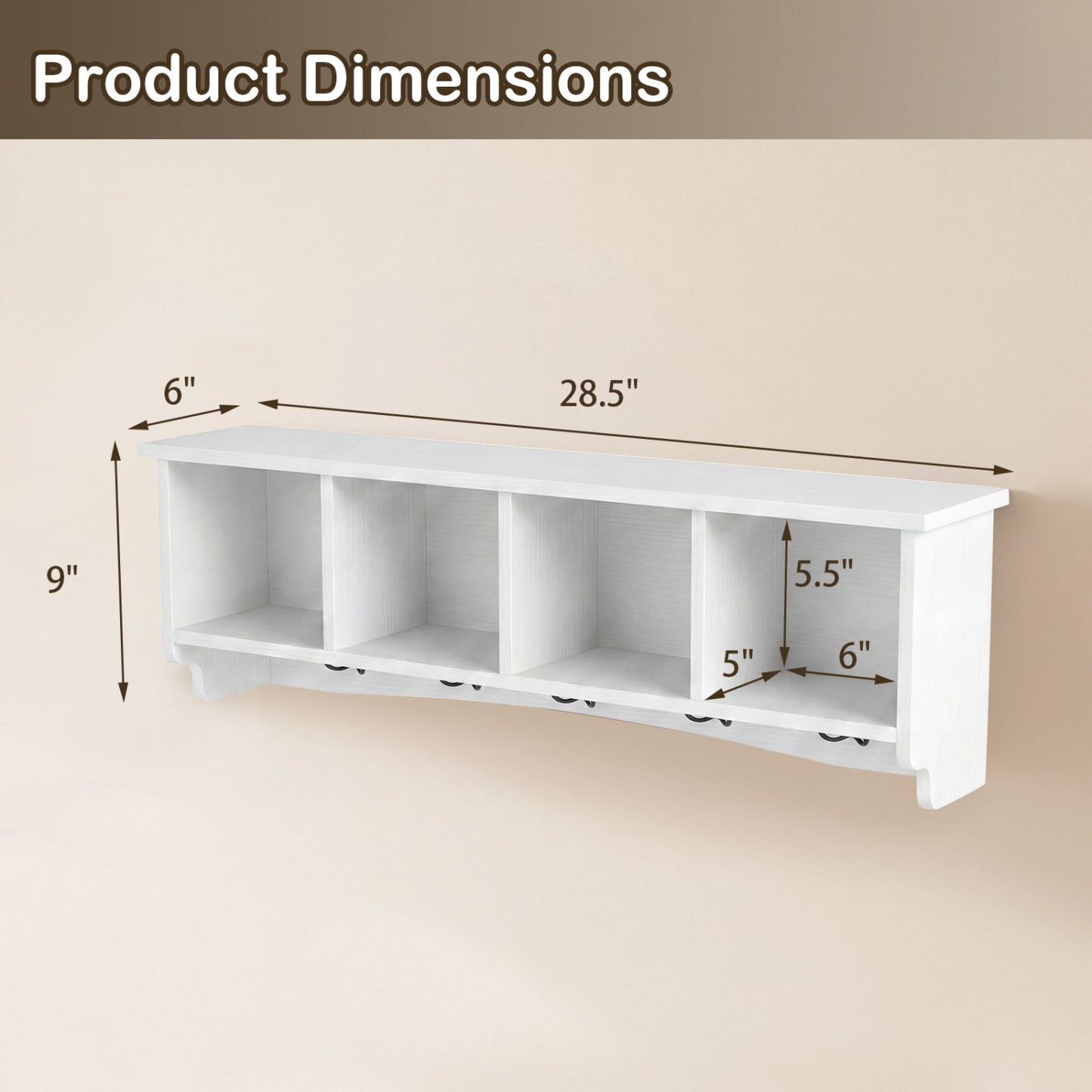 Wall-Mounted Coat Rack with 4 Cubbies and 5 Double Hooks